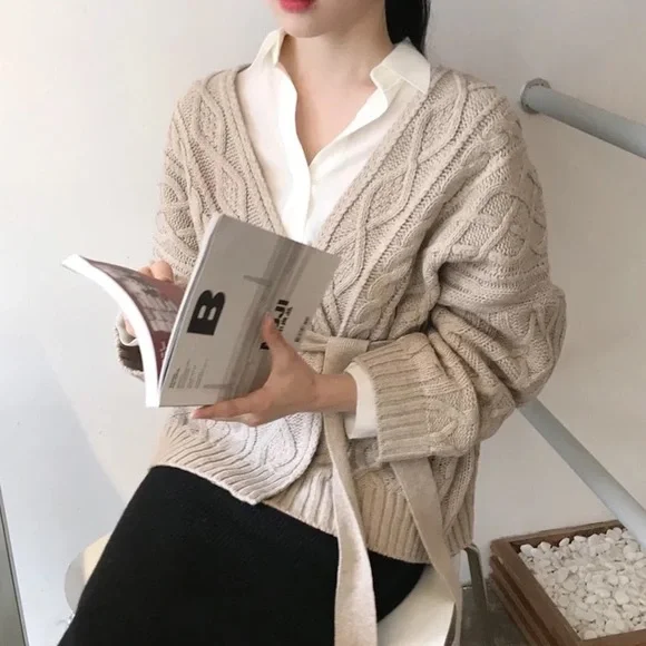 Cardigan belt sweater cable knit khaki womens long sleeve top - Picture 3 of 7